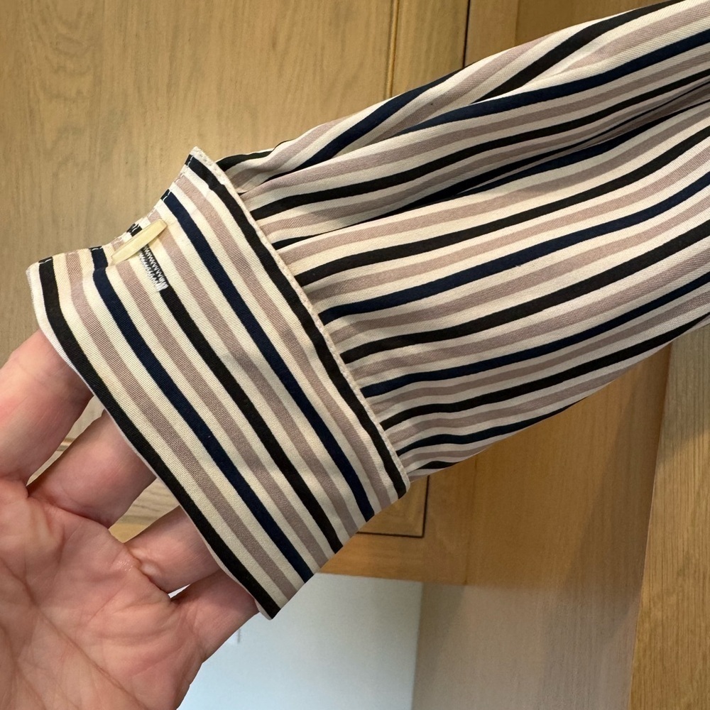 Vintage Pendleton Cream/Blue/Black Silk Retro Secretary Blouse / 12 Petite - Picture 2 of 12